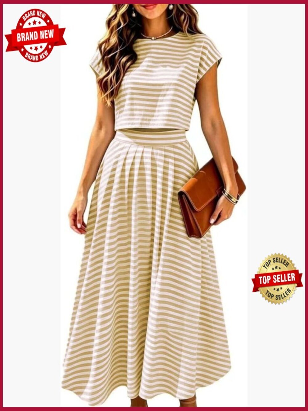 2 Piece Skirt Sets Cap Sleeve Crop Top Midi Dress Elastic Waist Travel Lounge